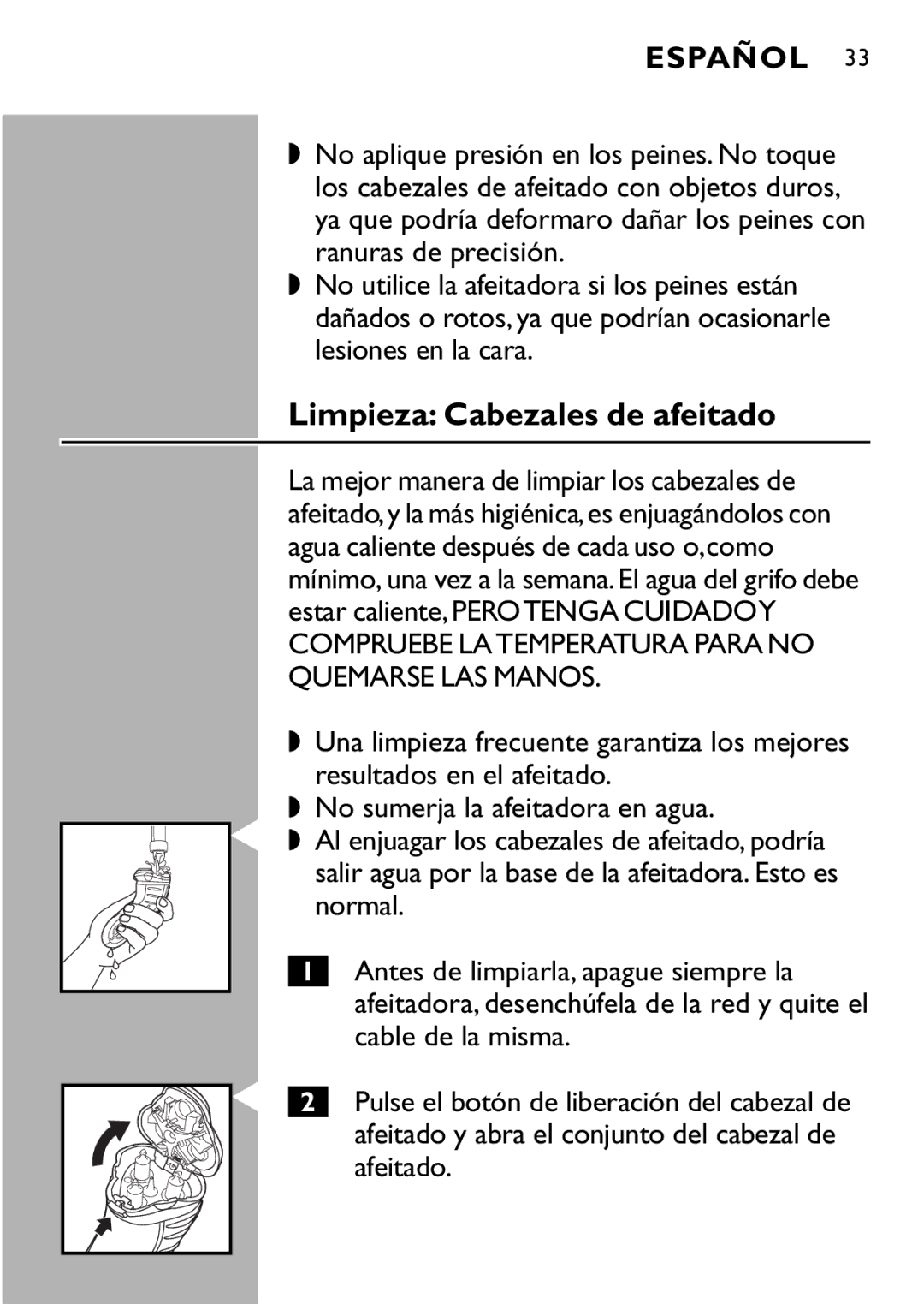 Philips 7120X, 7115X, 7125X, 7110X manual Limpieza Cabezales de afeitado 