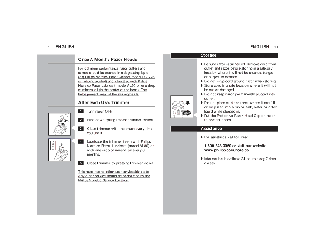 Philips 7140XL, 7145XL manual After Each Use Trimmer, Storage, Assistance 