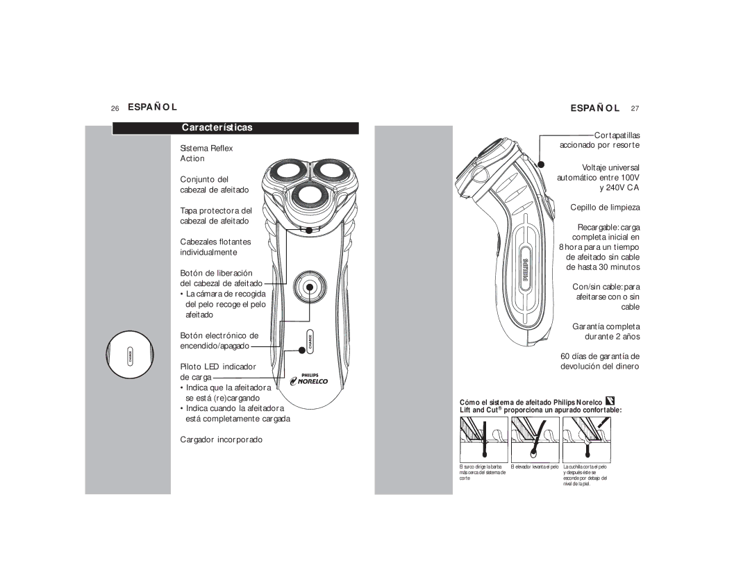 Philips 7140XL, 7145XL manual Características, Sistema Reflex Action, Piloto LED indicador de carga, Cargador incorporado 