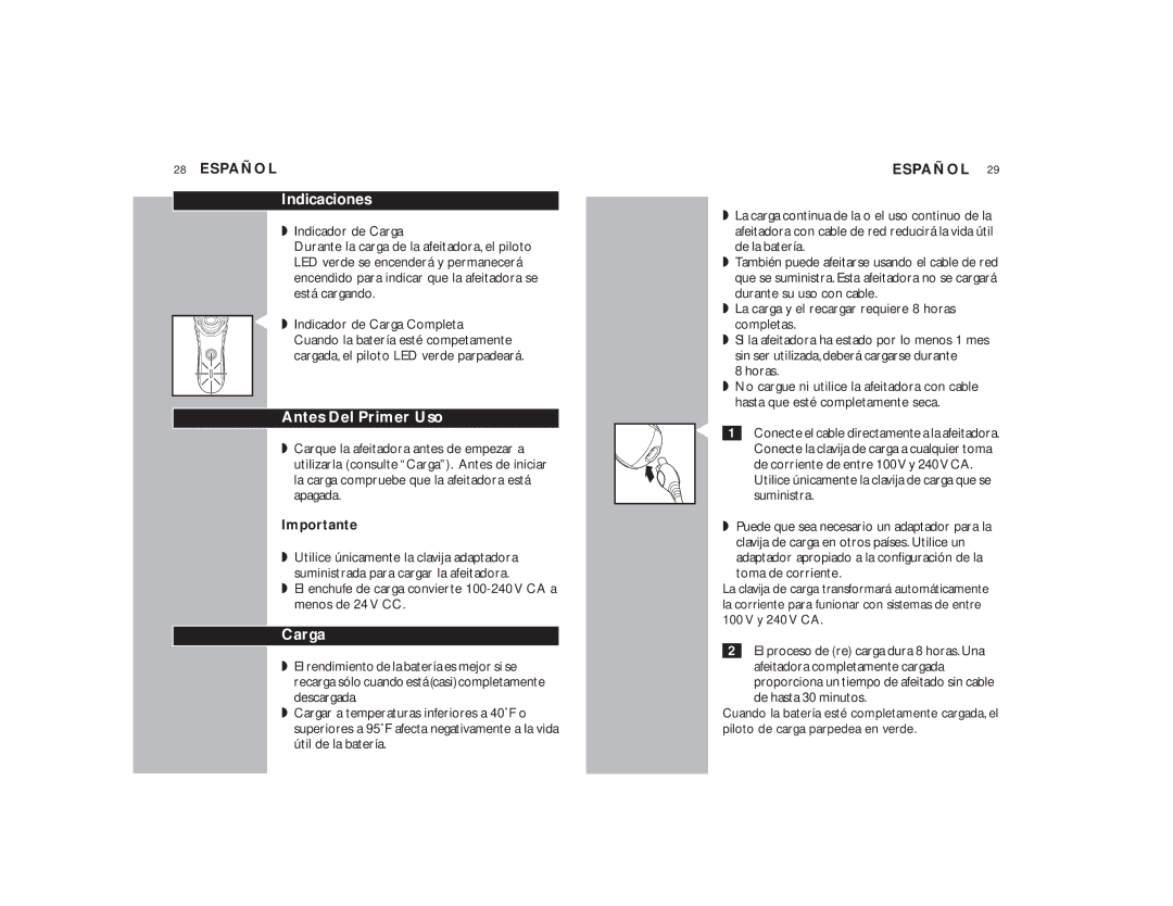 Philips 7145XL, 7140XL manual Indicaciones, Antes Del Primer Uso, Carga, Horas 