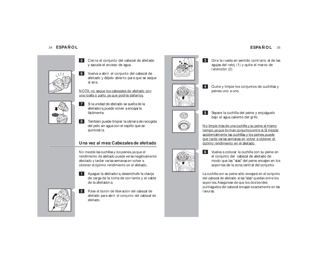 Philips 7140XL, 7145XL manual Una vez al mes Cabezales de afeitado 