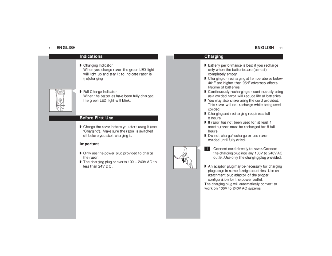 Philips 7140XL, 7145XL manual Indications, Before First Use, Charging 