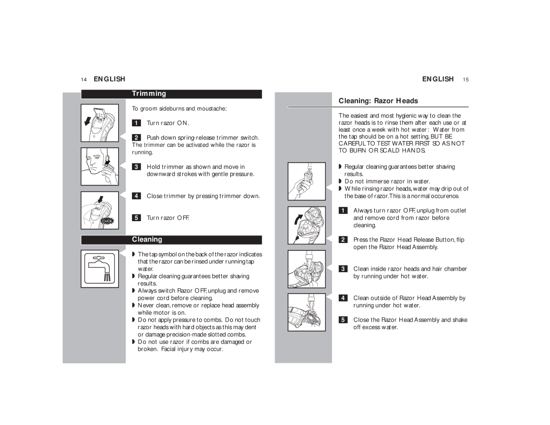 Philips 7140XL, 7145XL manual Trimming, Cleaning Razor Heads 