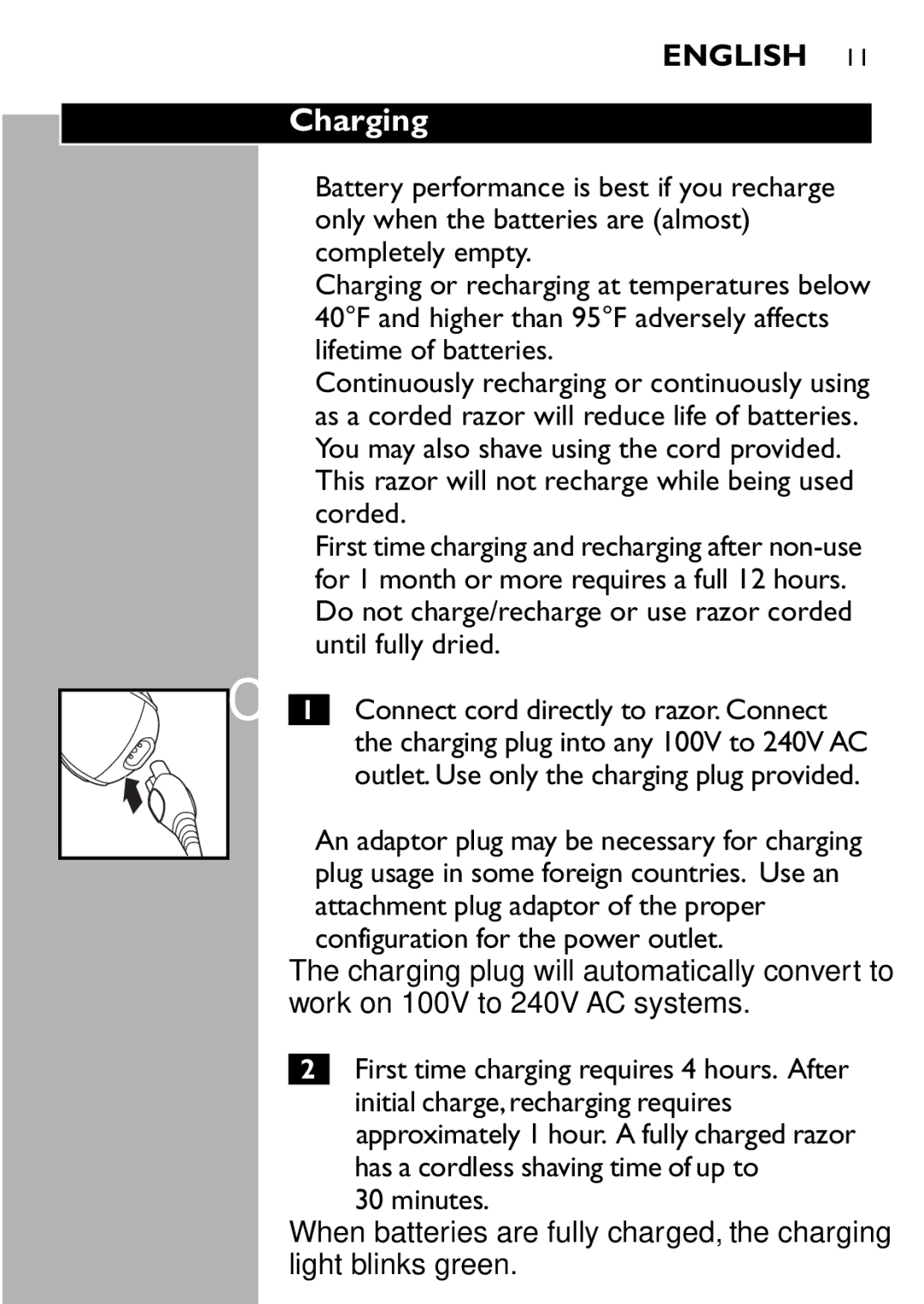 Philips 7180XL manual Charging, Configuration for the power outlet 