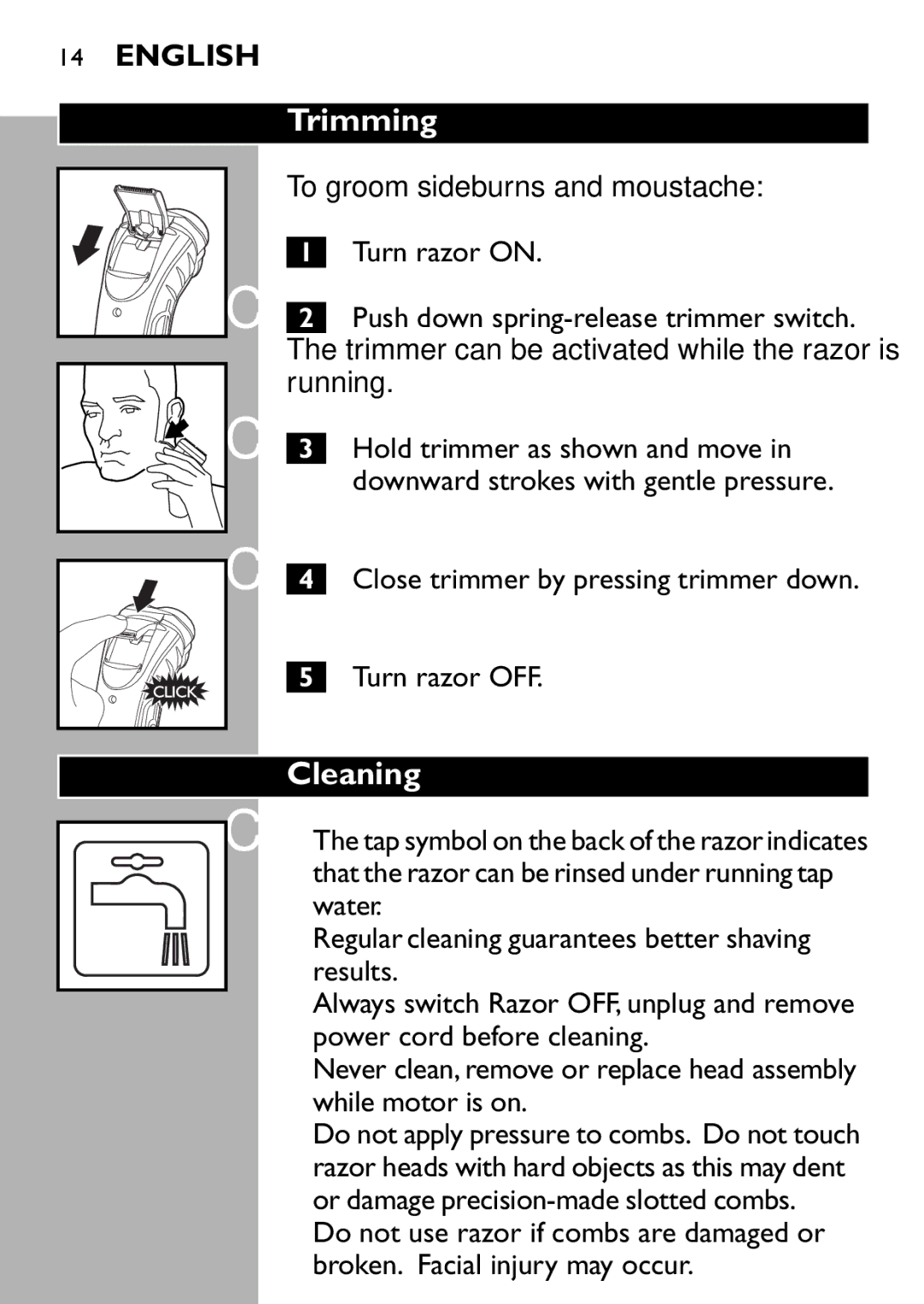 Philips 7180XL manual Trimming, Cleaning, Close trimmer by pressing trimmer down Turn razor OFF 