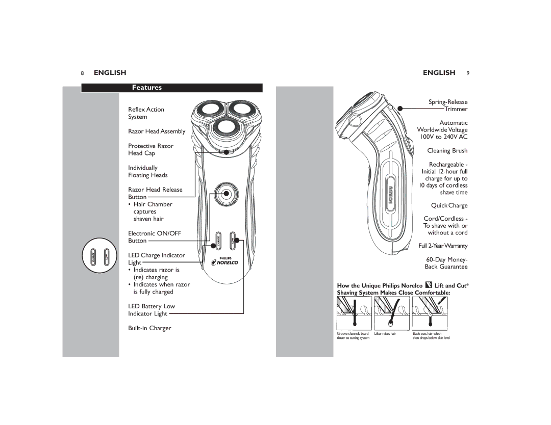 Philips 7183XL manual Features, LED Battery Low Indicator Light Built-in Charger, Quick Charge 