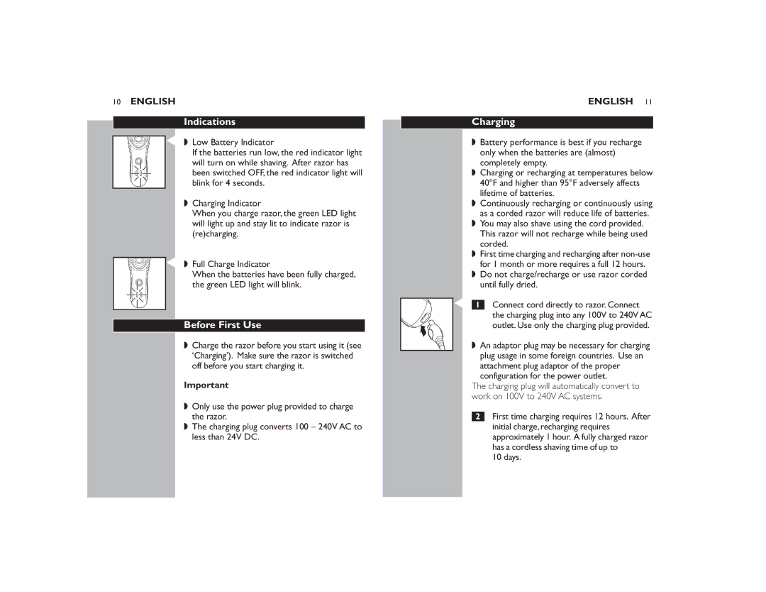 Philips 7183XL manual Indications, Before First Use, Charging, Days 