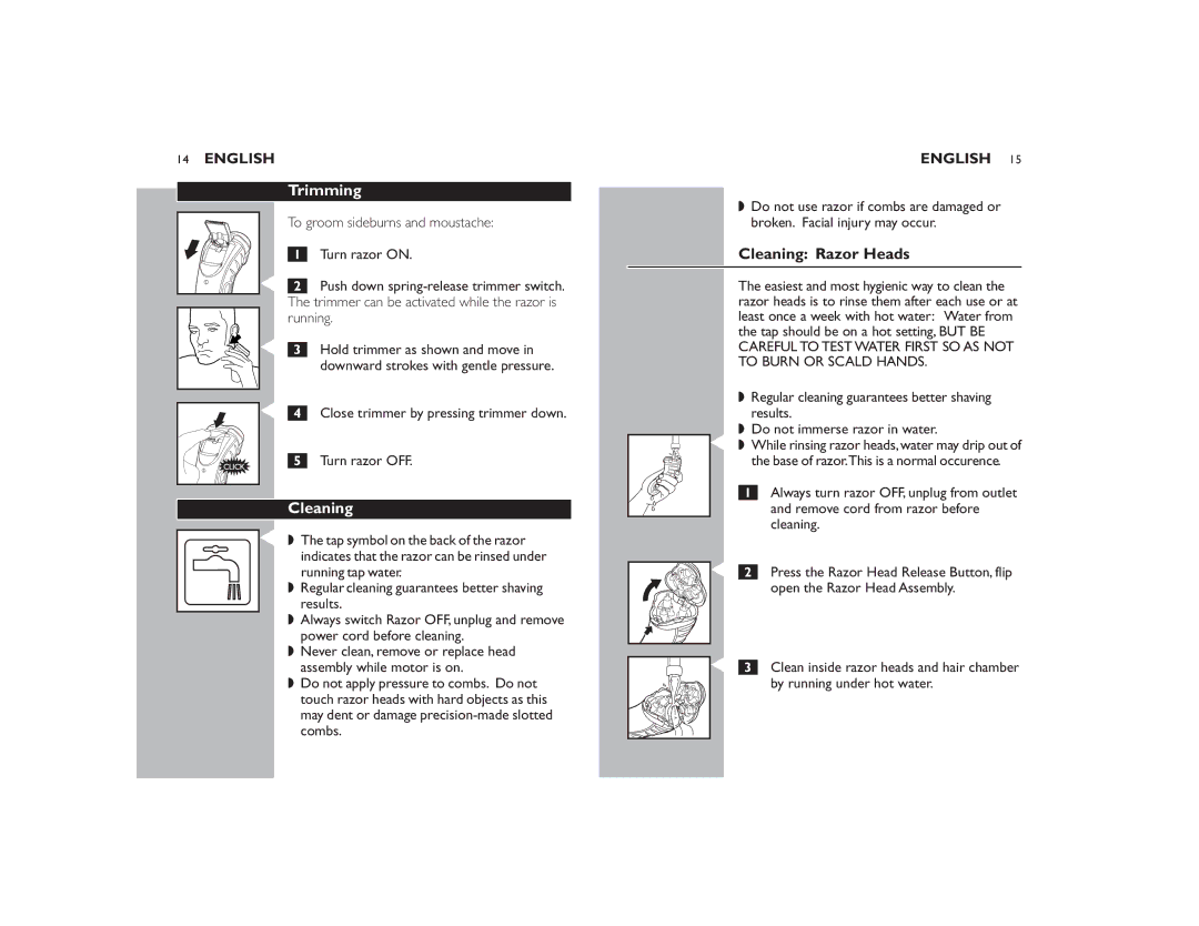 Philips 7183XL manual Trimming, Cleaning Razor Heads 