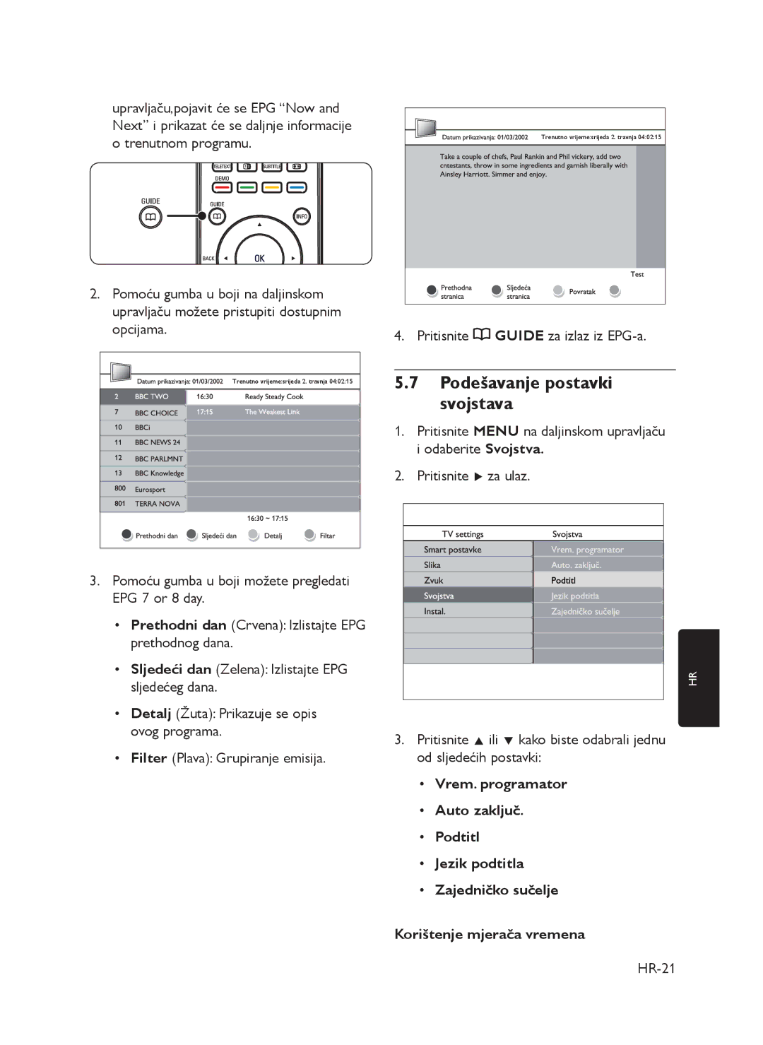 Philips 72-T540M5-X411C manual Podešavanje postavki svojstava, Pritisnite Guide za izlaz iz EPG-a, HR-21 