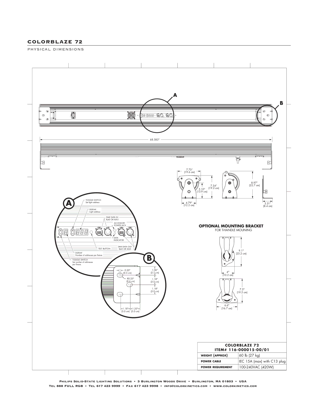 Philips 72 specifications Physical Dimensions, Optional Mounting Bracket, Item# 116-000015-00/01 