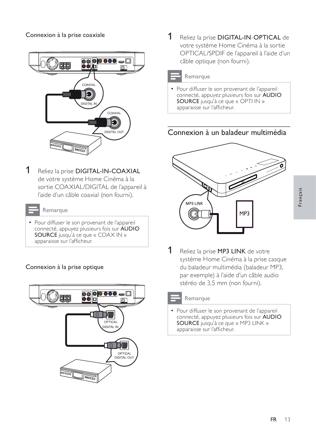 Philips 7200 manual Connexion à un baladeur multimédia, Connexion à la prise coaxiale, Connexion à la prise optique 