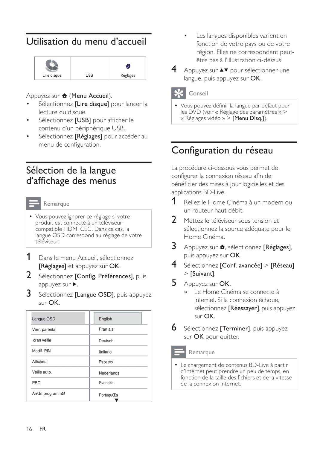 Philips 7200 manual Utilisation du menu d’accueil, Conﬁguration du réseau 