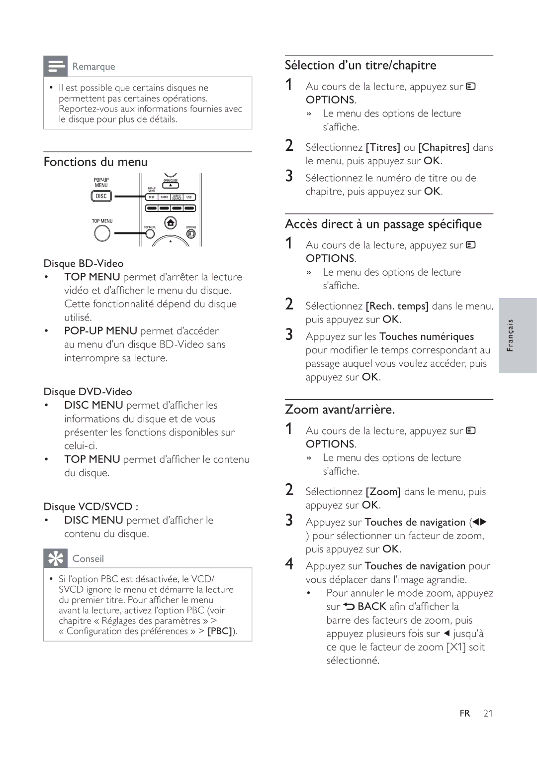 Philips 7200 Fonctions du menu Sélection d’un titre/chapitre, Accès direct à un passage spéciﬁque, Zoom avant/arrière 