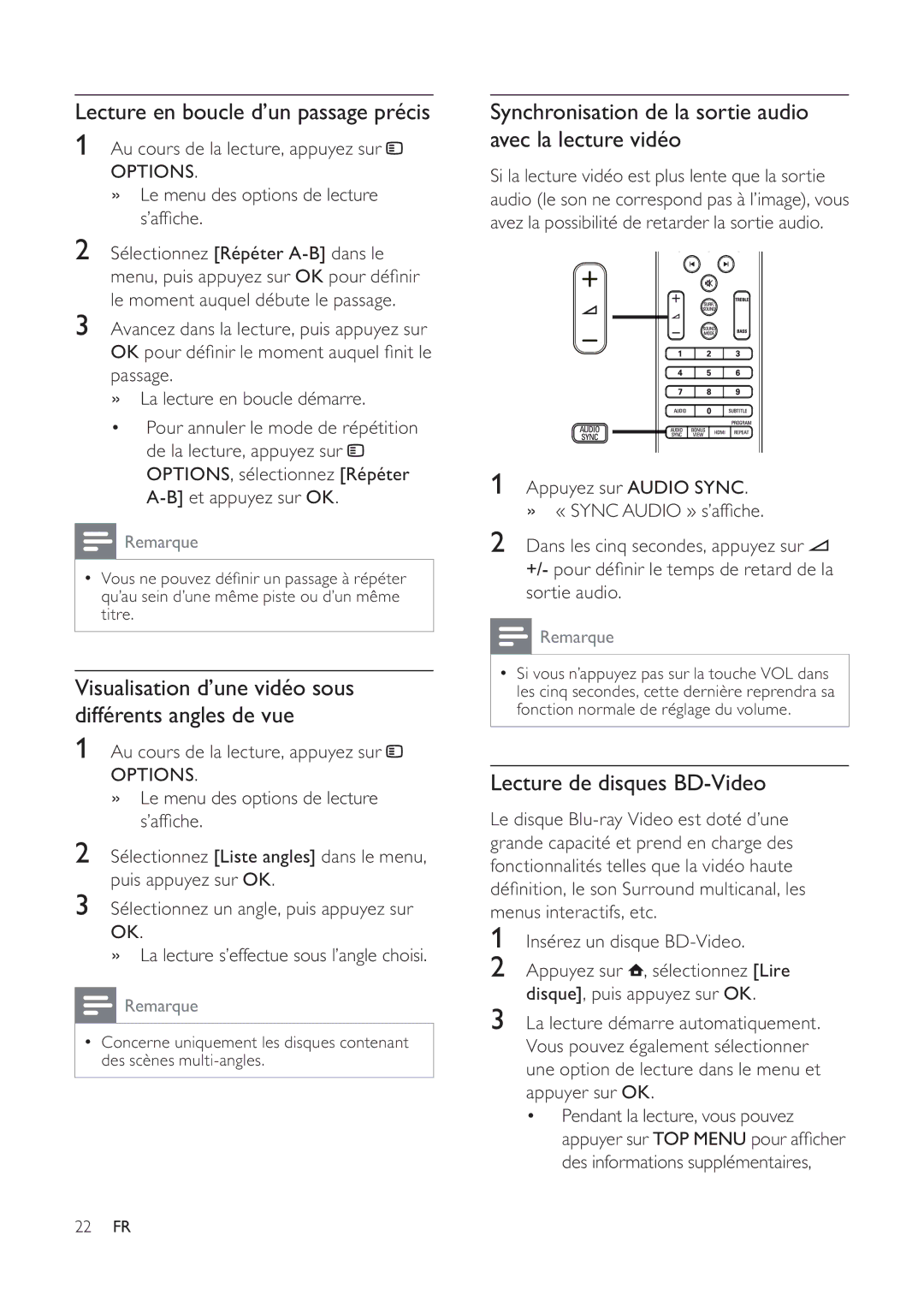 Philips 7200 manual Lecture en boucle d’un passage précis, Synchronisation de la sortie audio avec la lecture vidéo 