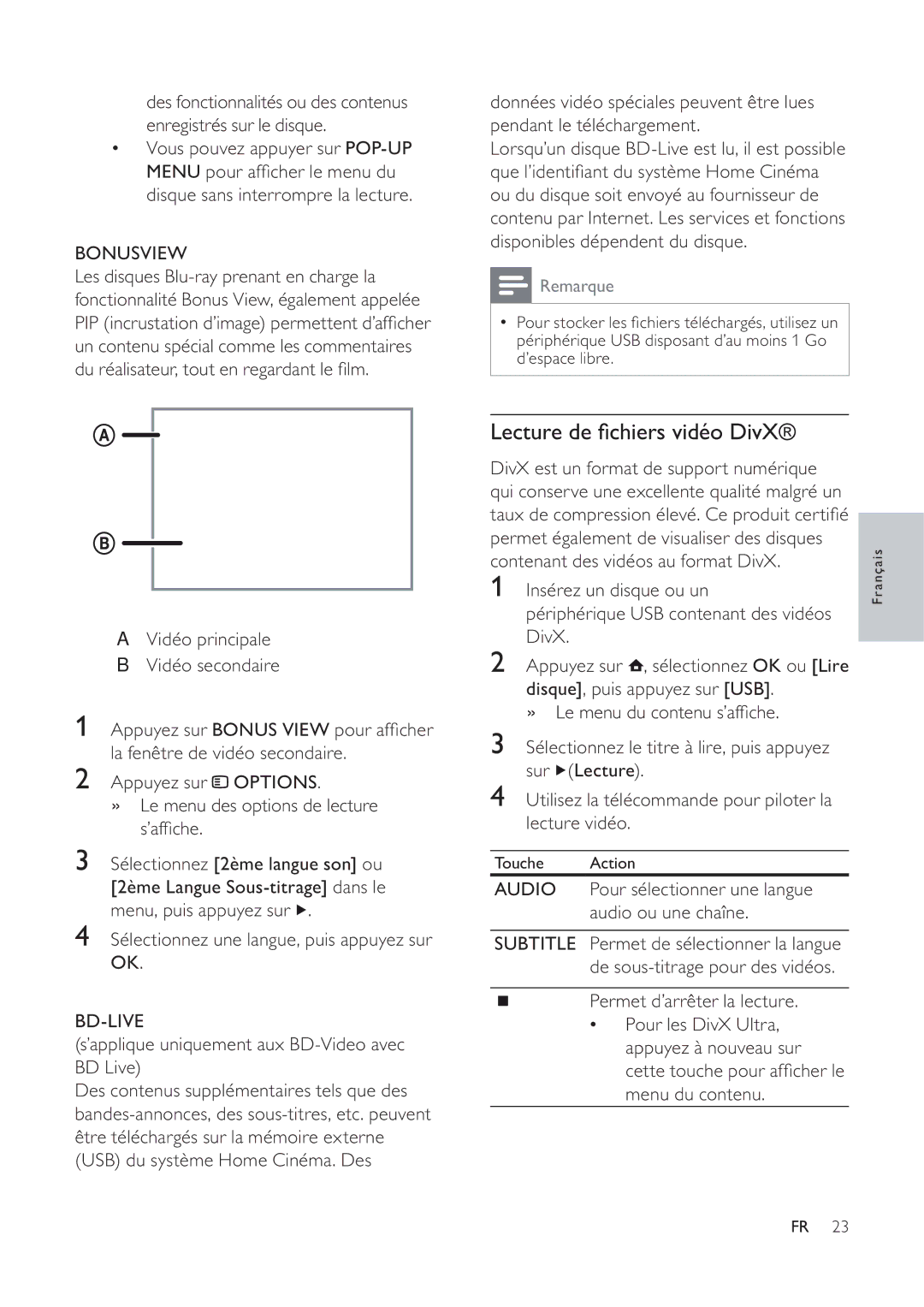 Philips 7200 manual Lecture de ﬁchiers vidéo DivX, Bd-Live, ’applique uniquement aux BD-Video avec BD Live 