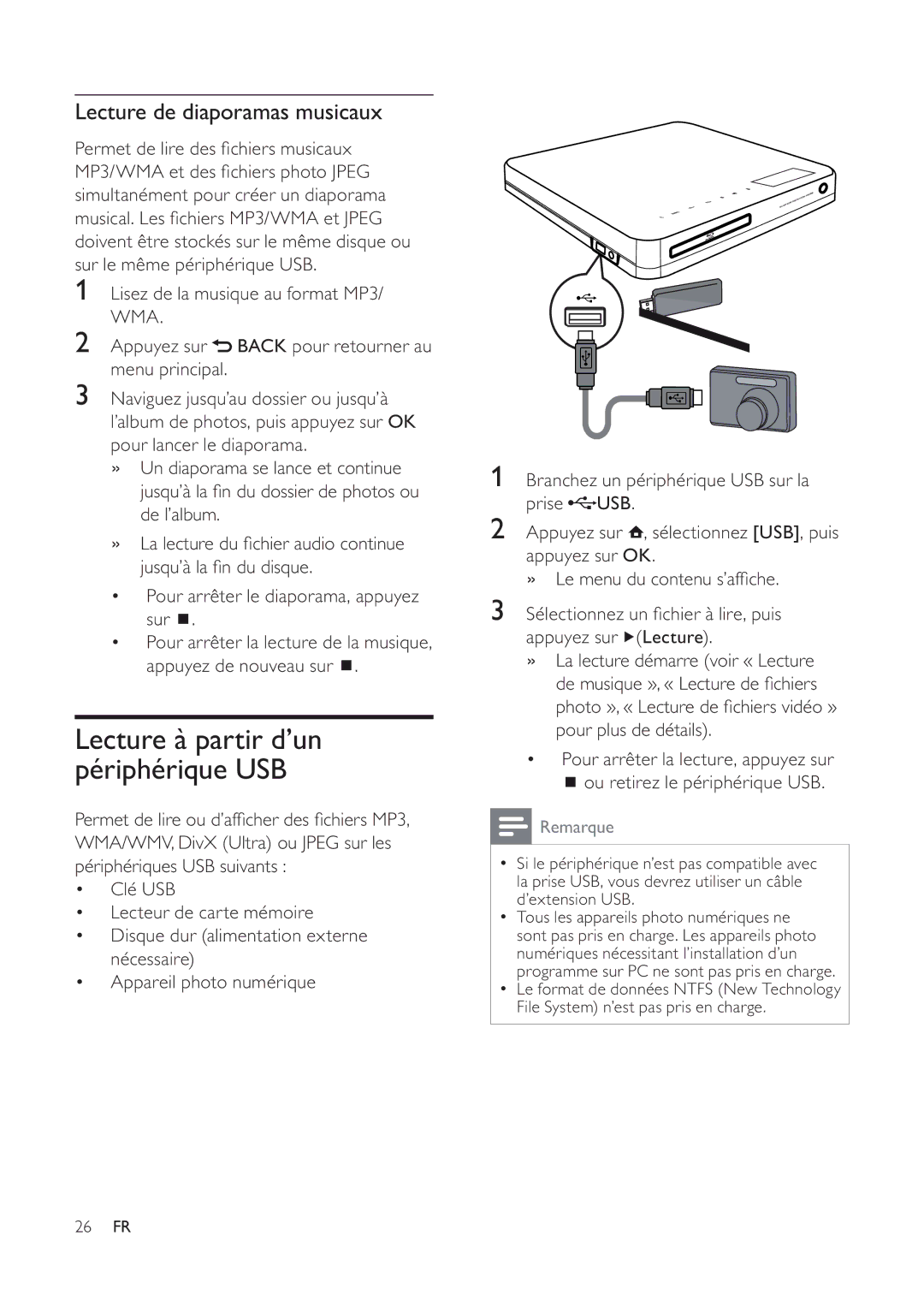 Philips 7200 manual Lecture à partir d’un périphérique USB, Lecture de diaporamas musicaux 