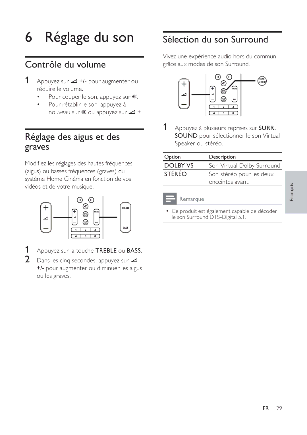 Philips 7200 manual Réglage du son, Contrôle du volume, Réglage des aigus et des graves, Sélection du son Surround 