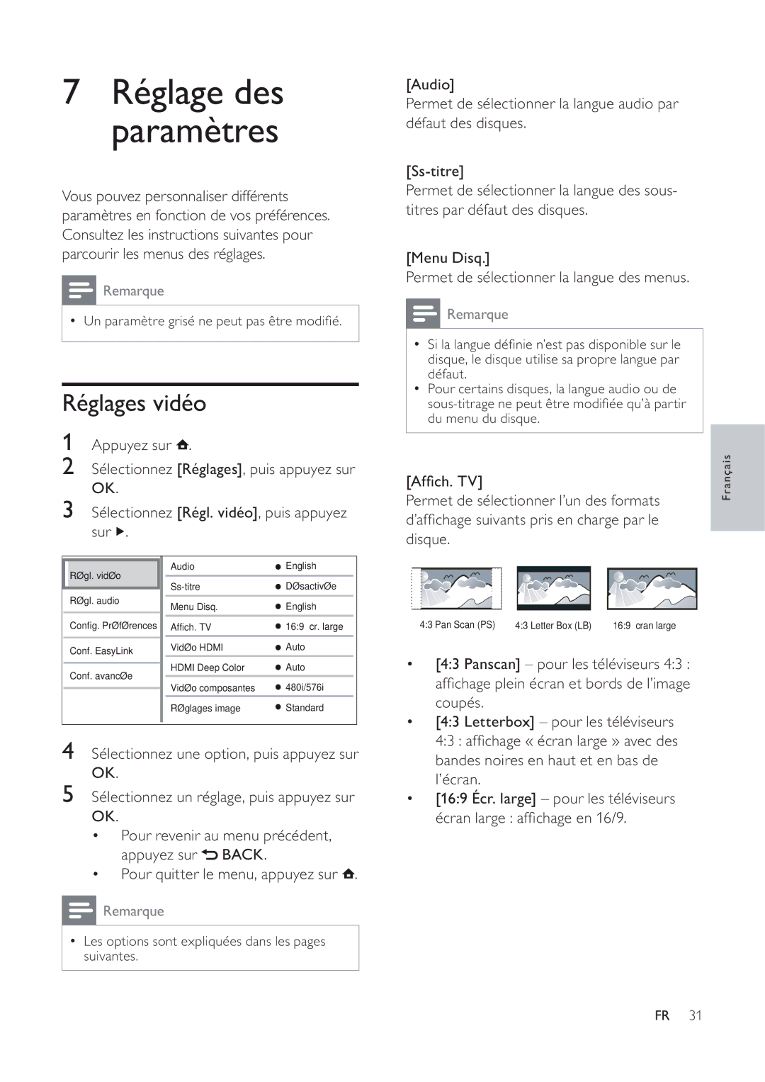 Philips 7200 manual Réglages vidéo 