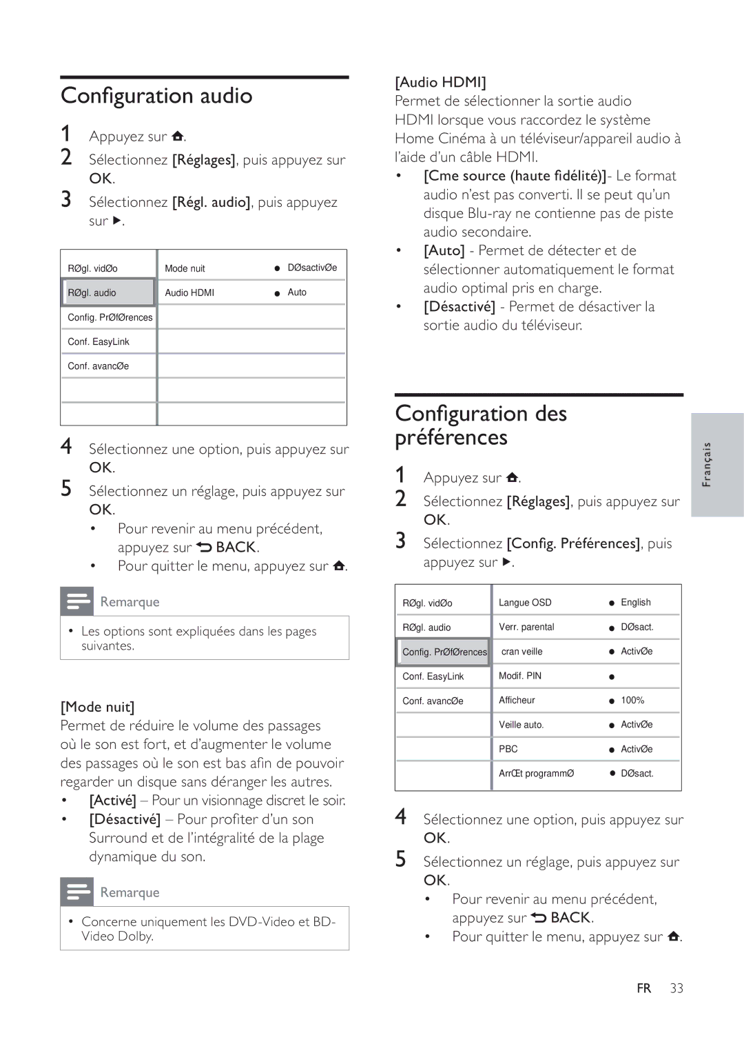 Philips 7200 manual Conﬁguration audio, Conﬁguration des préférences, Mode nuit 