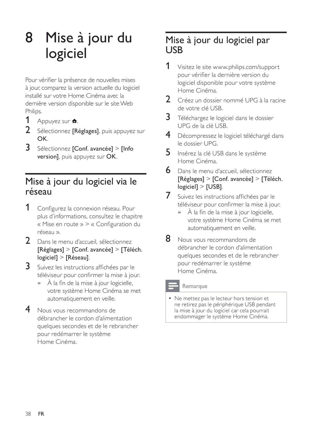 Philips 7200 manual Mise à jour du logiciel via le réseau, Mise à jour du logiciel par, Home Cinéma 