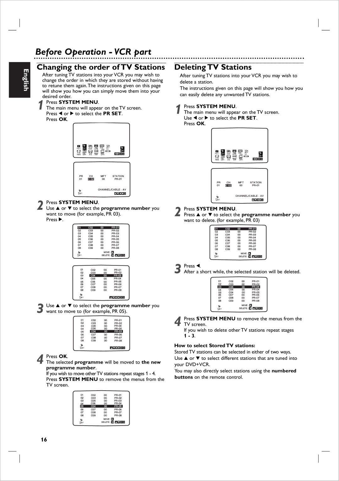 Philips 721VR owner manual Changing the order of TV Stations, Deleting TV Stations 