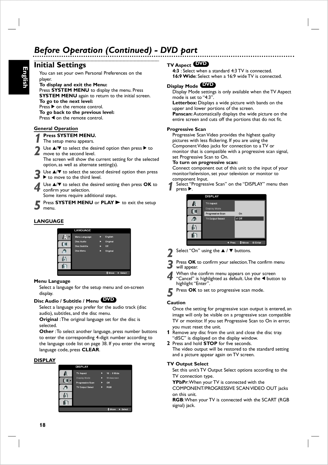 Philips 721VR owner manual Initial Settings, Language, Display 