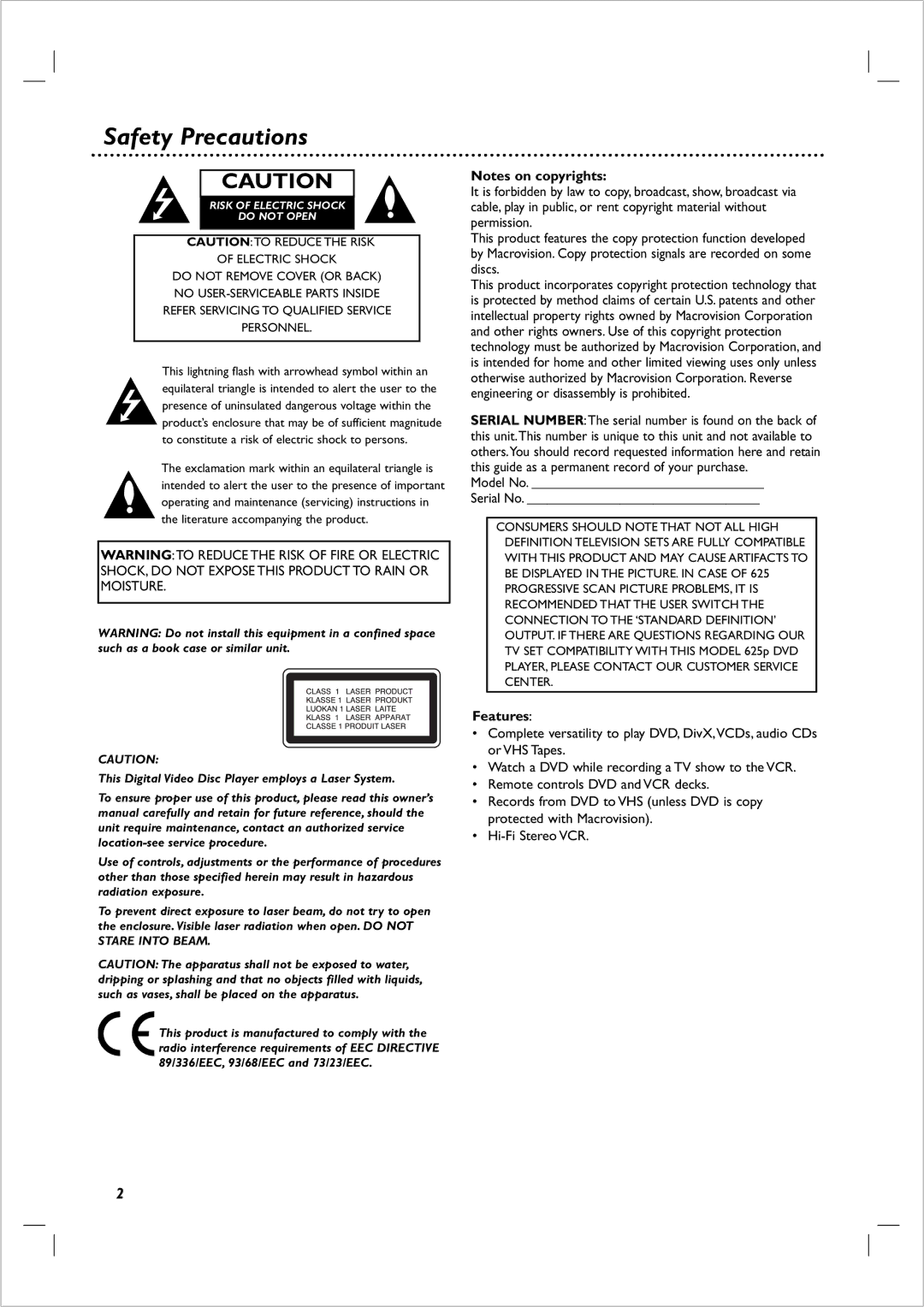 Philips 721VR owner manual Safety Precautions, Model No Serial No, Features 