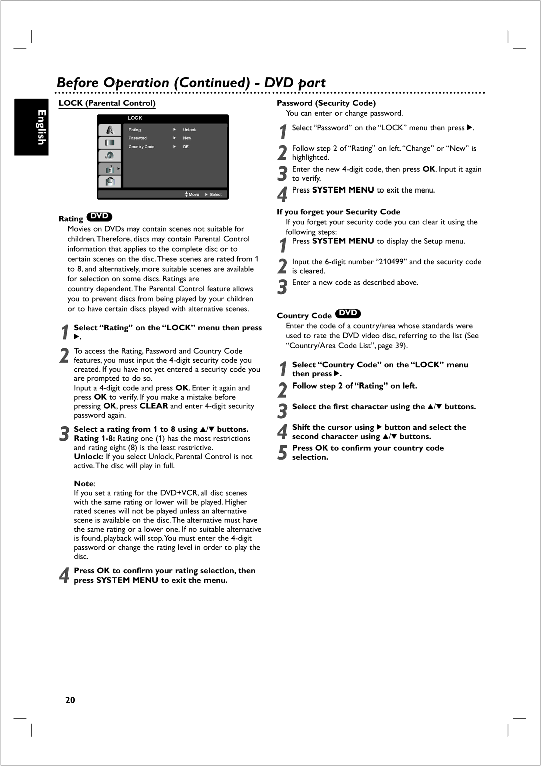 Philips 721VR owner manual Lock Parental Control, Rating DVD, Select Rating on the Lock menu then press, Country Code DVD 