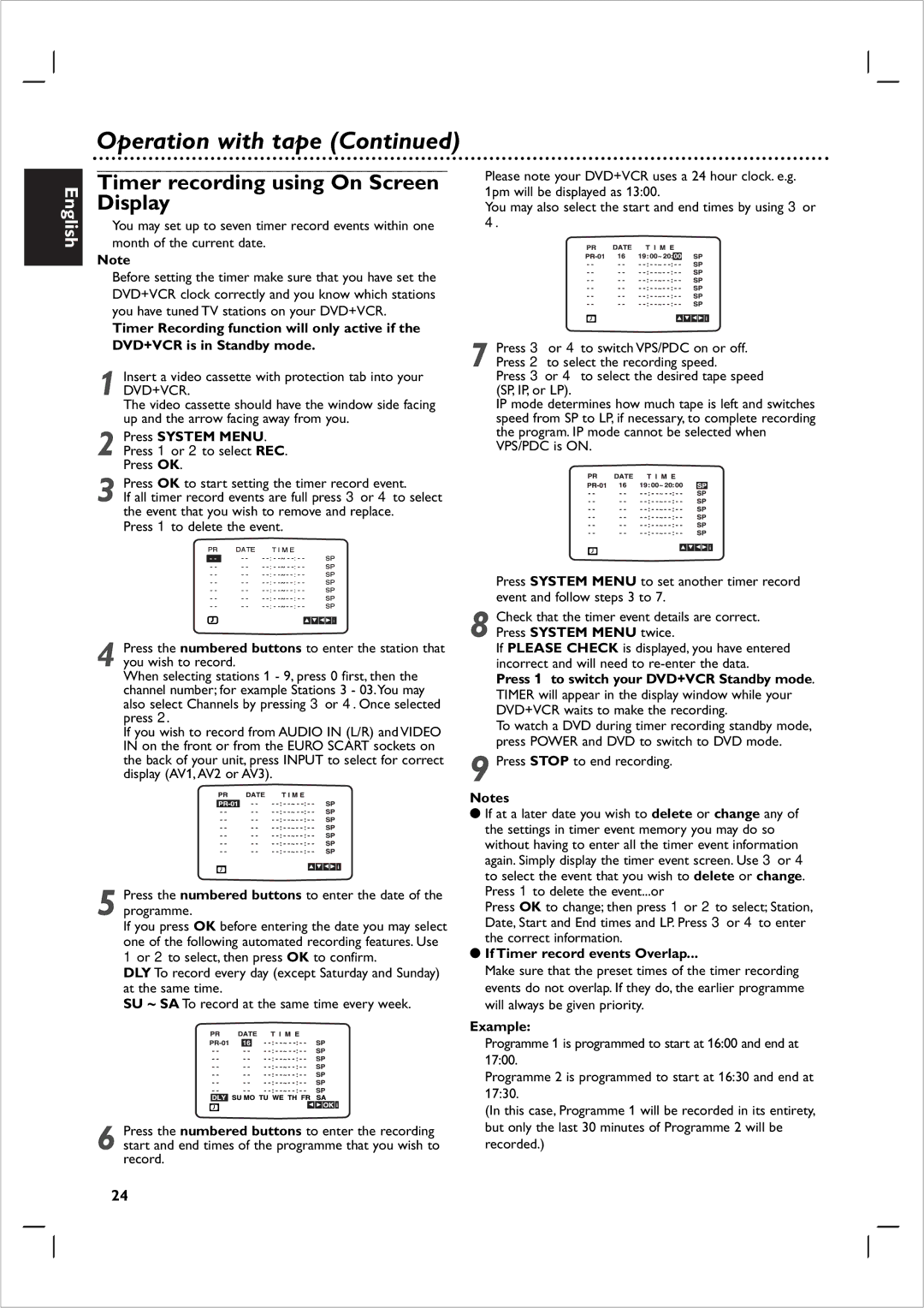 Philips 721VR Timer recording using On Screen Display, Press System MENU. Press 1 or 2 to select REC. Press OK, Example 