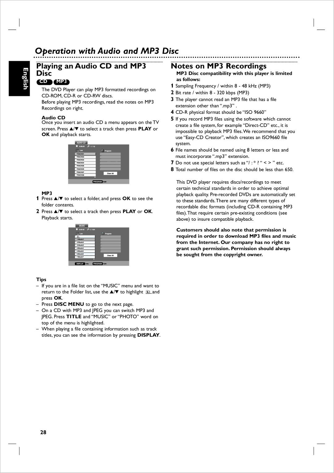 Philips 721VR owner manual Operation with Audio and MP3 Disc, Playing an Audio CD and MP3 Disc 