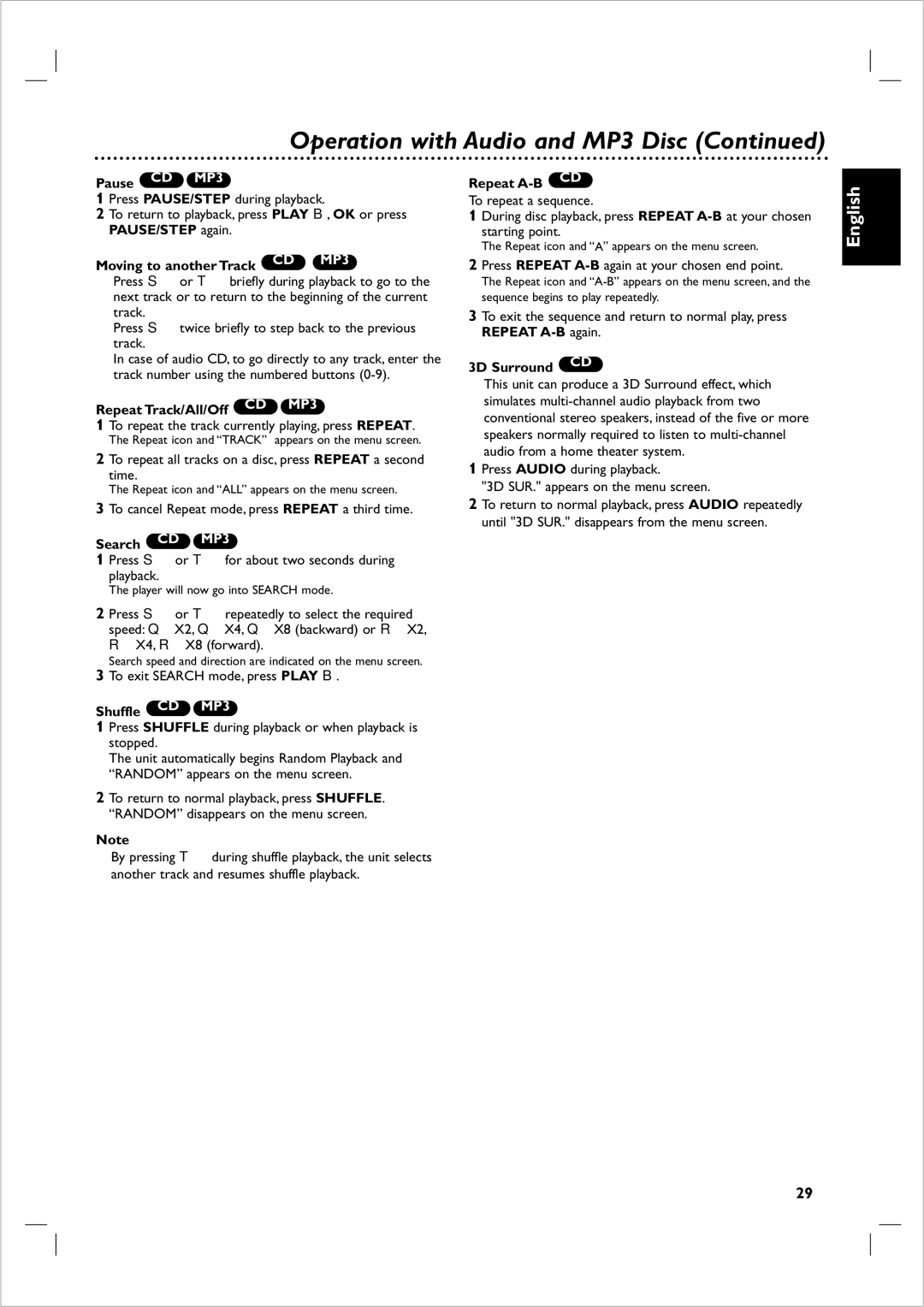 Philips 721VR owner manual Pause, PAUSE/STEP again Starting point, Search CD MP3, 3D Surround CD, Shuffle CD MP3 