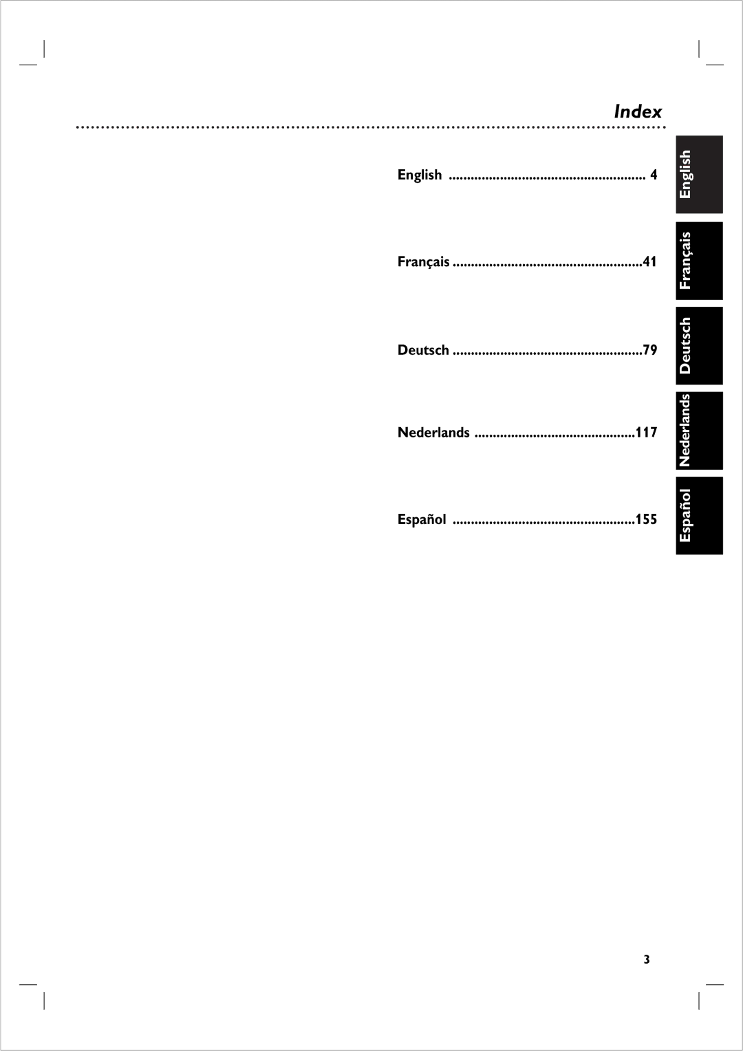 Philips 721VR owner manual Index, English Français Deutsch 