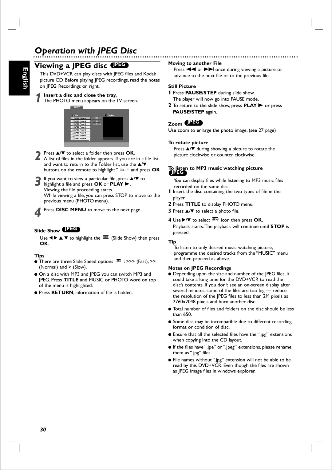 Philips 721VR owner manual Operation with Jpeg Disc, Viewing a Jpeg disc Jpeg 