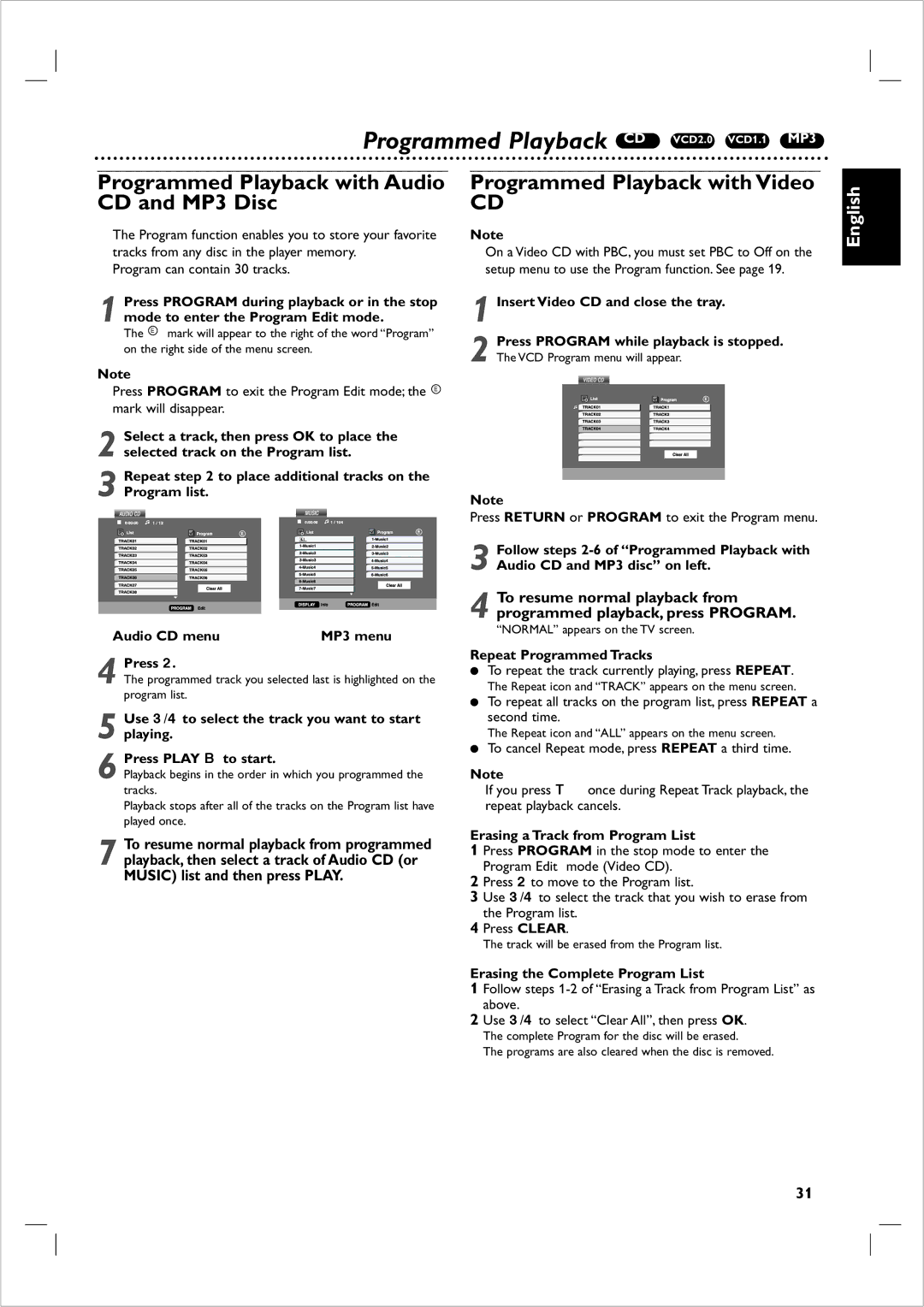 Philips 721VR owner manual Programmed Playback CD VCD2.0 VCD1.1 MP3, Programmed Playback with Audio CD and MP3 Disc 