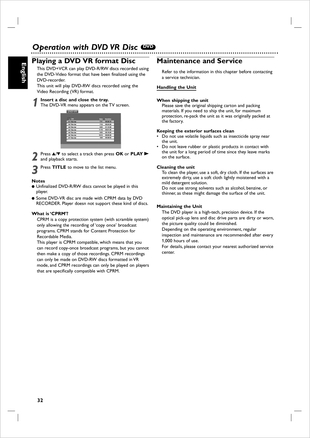 Philips 721VR owner manual Operation with DVD VR Disc DVD, Playing a DVD VR format Disc, Maintenance and Service 