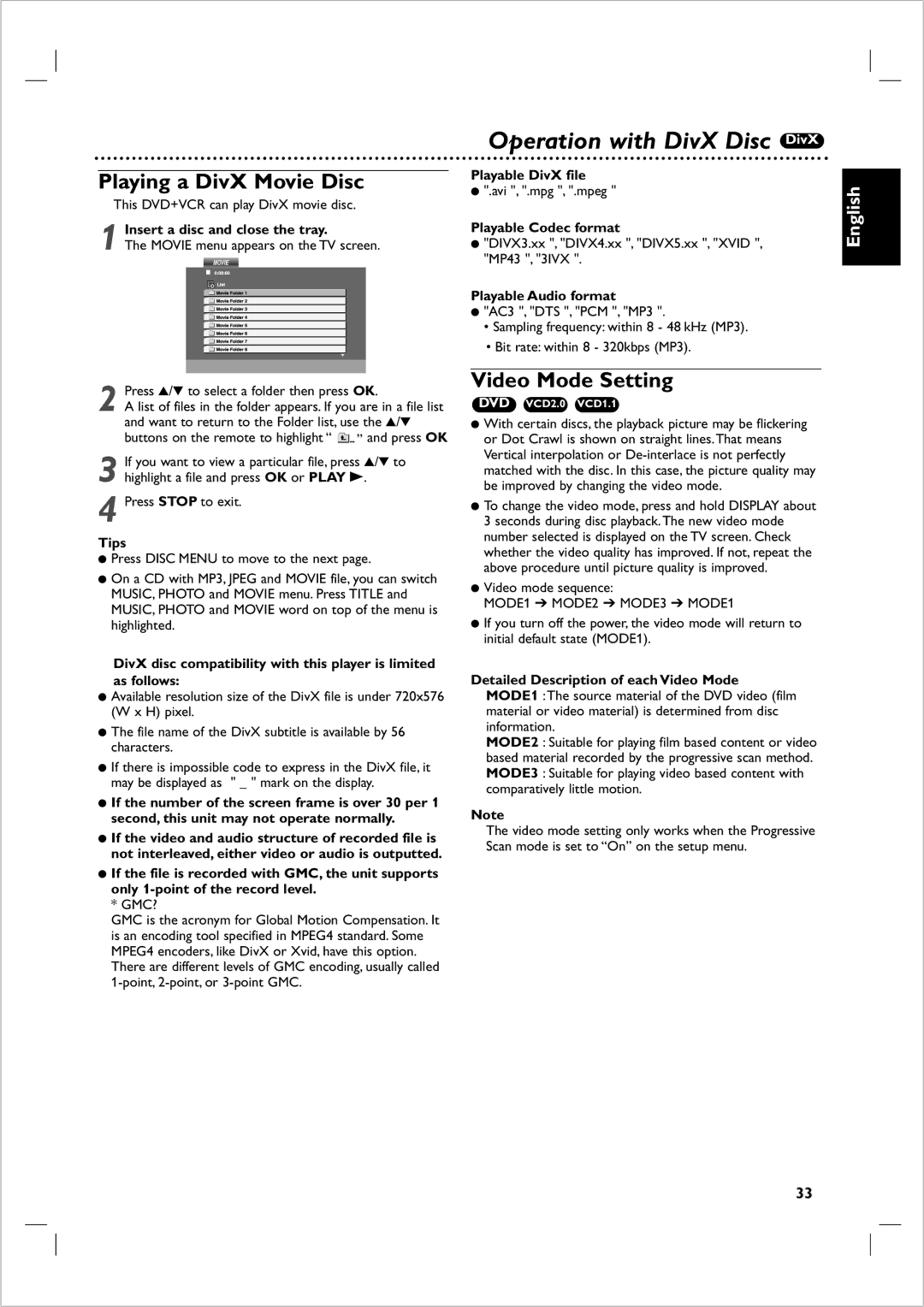 Philips 721VR owner manual Operation with DivX Disc DivX, Playing a DivX Movie Disc, Video Mode Setting 