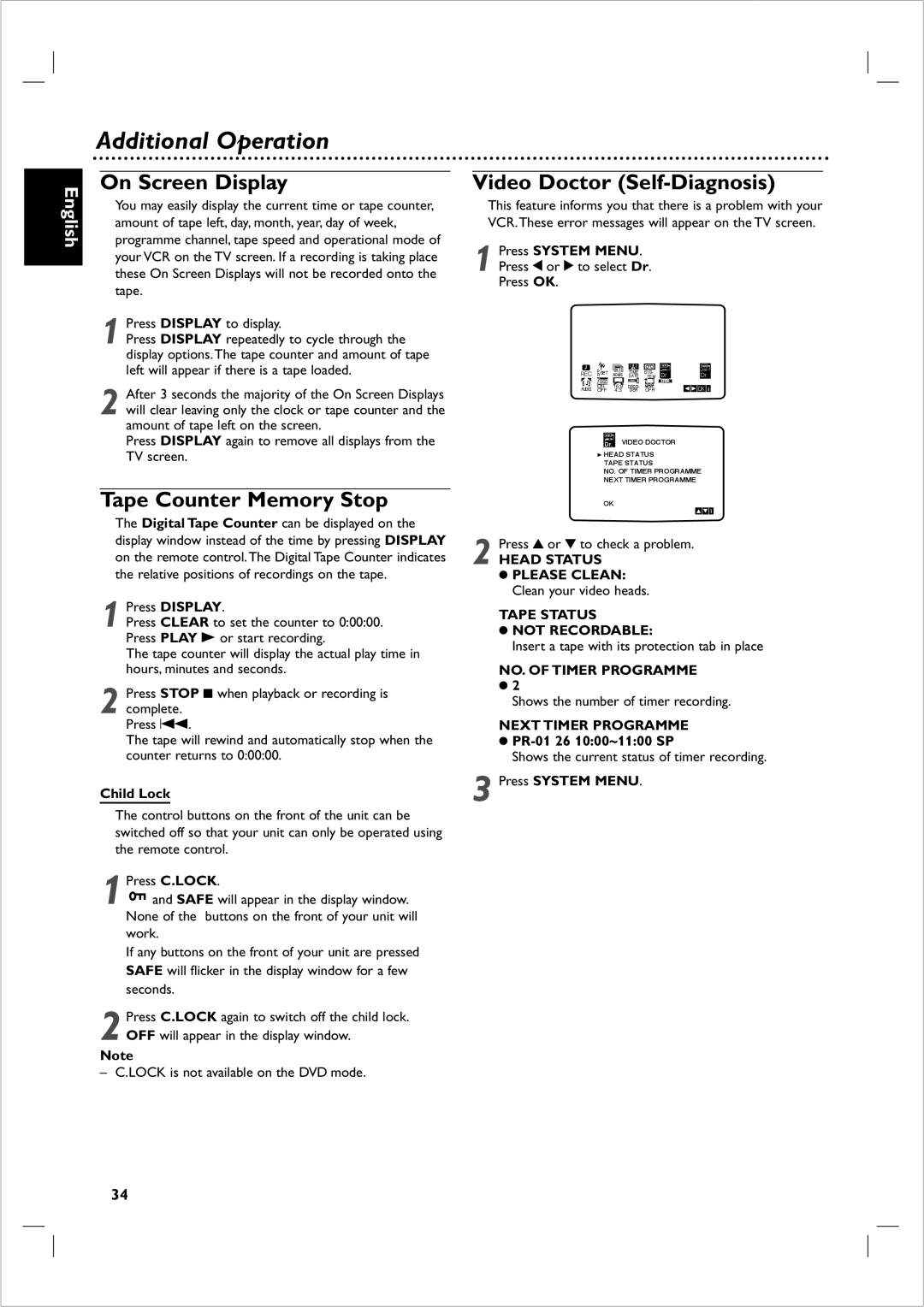 Philips 721VR owner manual Additional Operation, On Screen Display, Tape Counter Memory Stop, Video Doctor Self-Diagnosis 