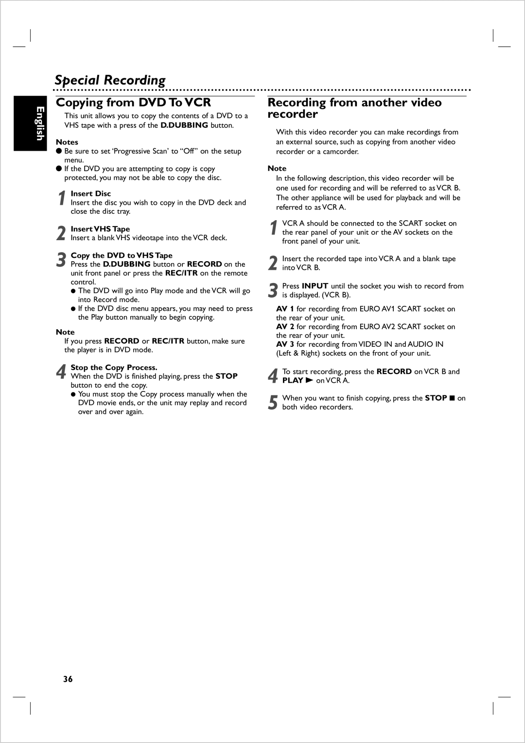 Philips 721VR owner manual Special Recording, Copying from DVD To VCR, Recording from another video recorder 