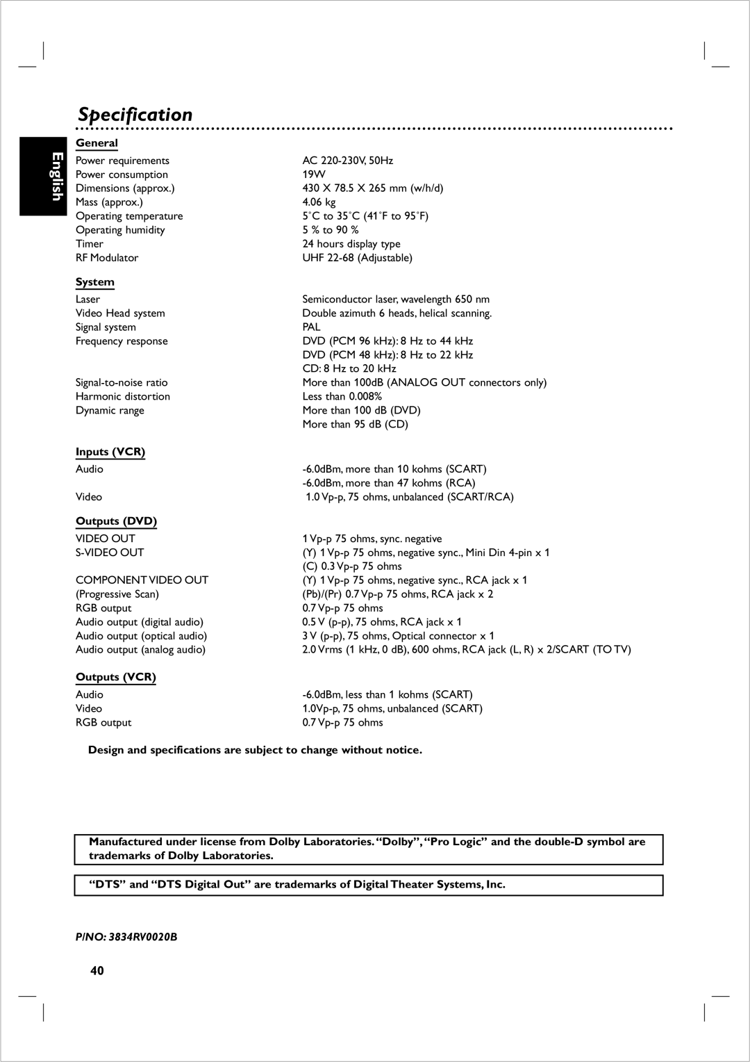 Philips 721VR owner manual Specification 