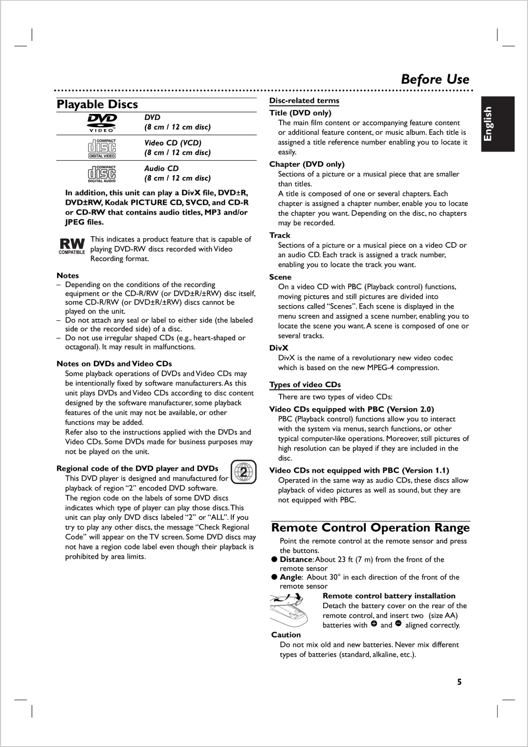 Philips 721VR owner manual Before Use, Playable Discs, Remote Control Operation Range 