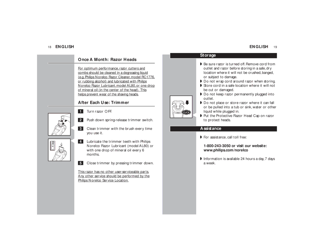 Philips 7240XL manual After Each Use Trimmer, Storage, Assistance 