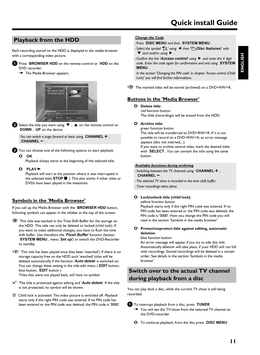 Philips 725H/05 user manual Playback from the HDD, Symbols in the Media Browser, Buttons in the Media Browser, Play G 