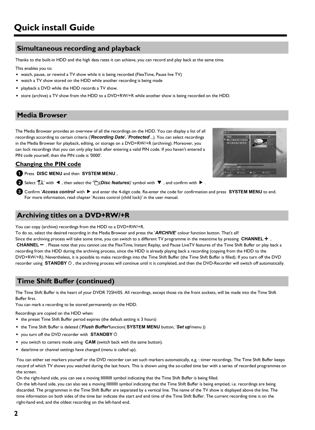 Philips 725H/05 Simultaneous recording and playback, Media Browser, Archiving titles on a DVD+RW/+R, Changing the PIN code 