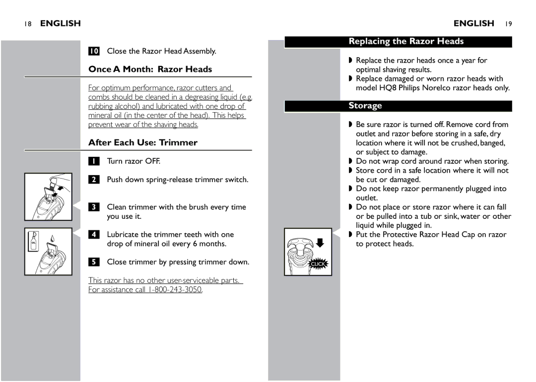 Philips 7325XL, 7349XL manual After Each Use Trimmer, Replacing the Razor Heads, Storage 