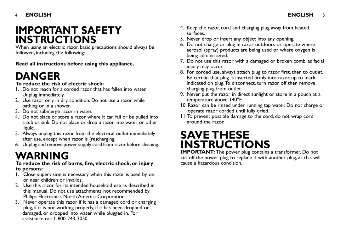 Philips 7349XL, 7325XL manual Important Safety Instructions 