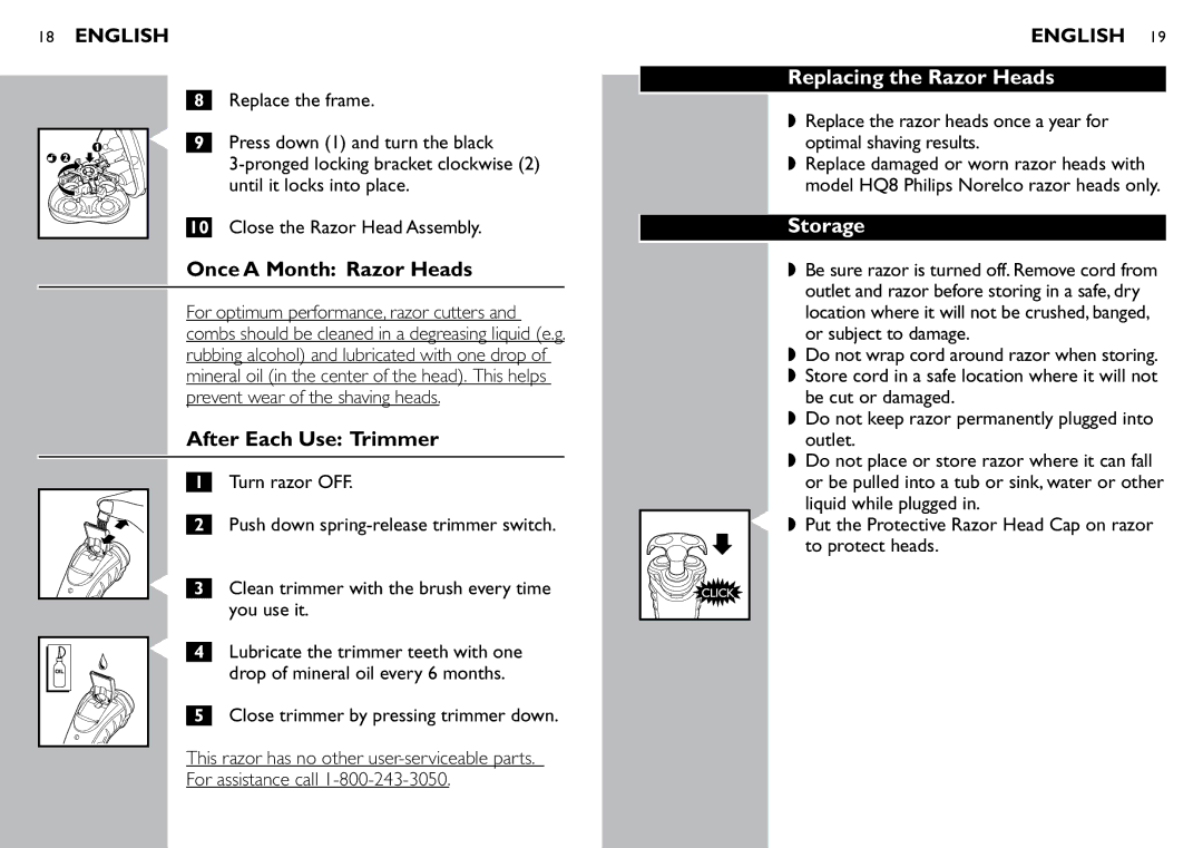 Philips 7380XL, 7360XL manual Replacing the Razor Heads, Storage, After Each Use Trimmer 