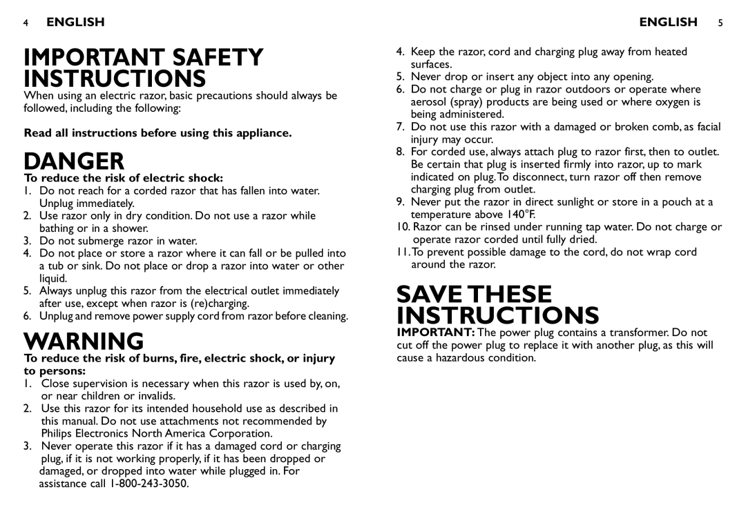 Philips 7360XL, 7380XL manual Important Safety Instructions 