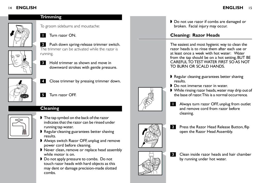 Philips 7380XL, 7360XL manual Trimming, Cleaning Razor Heads 