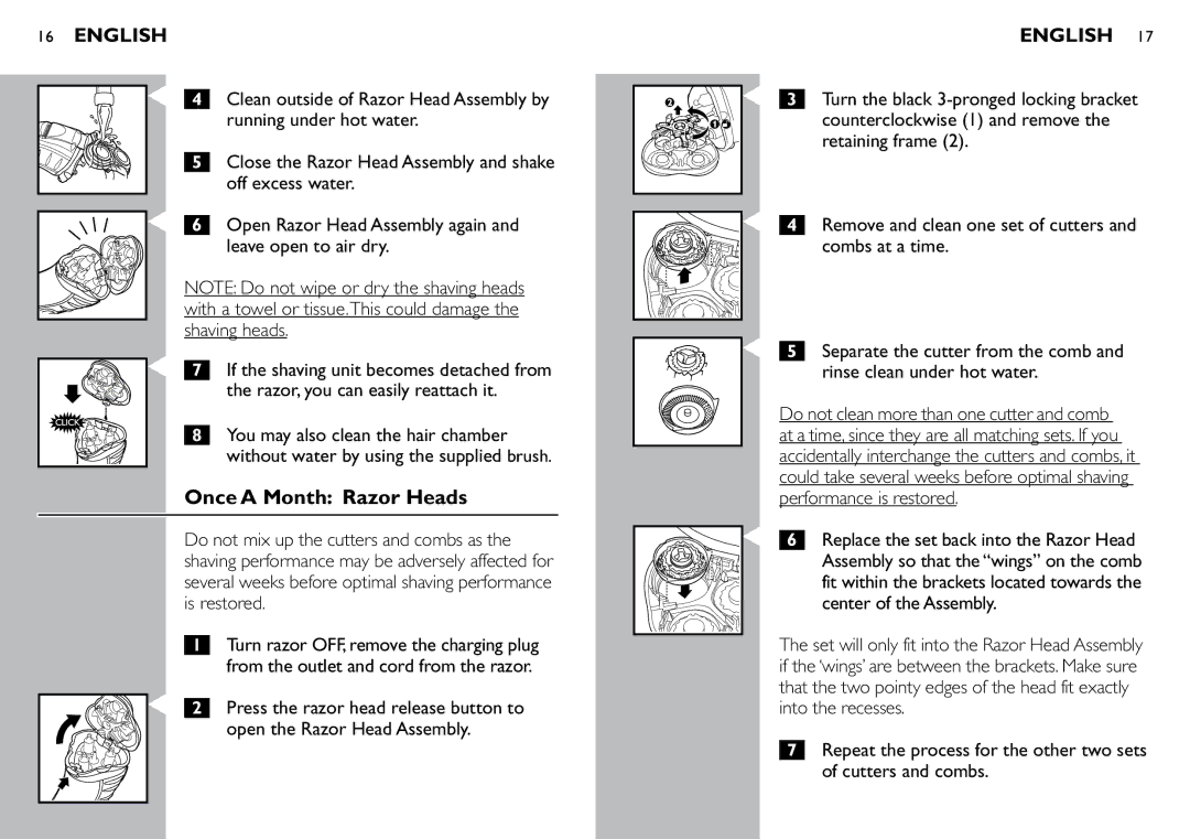 Philips 7360XL, 7380XL manual Once a Month Razor Heads 