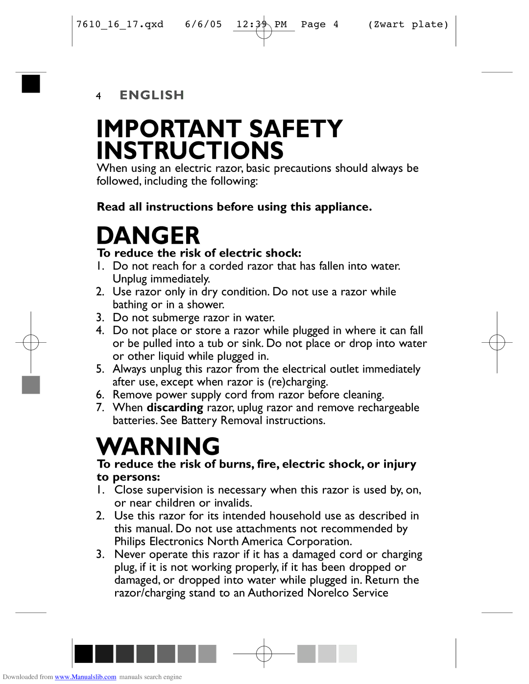 Philips 7616X, 7610X manual Important Safety Instructions 